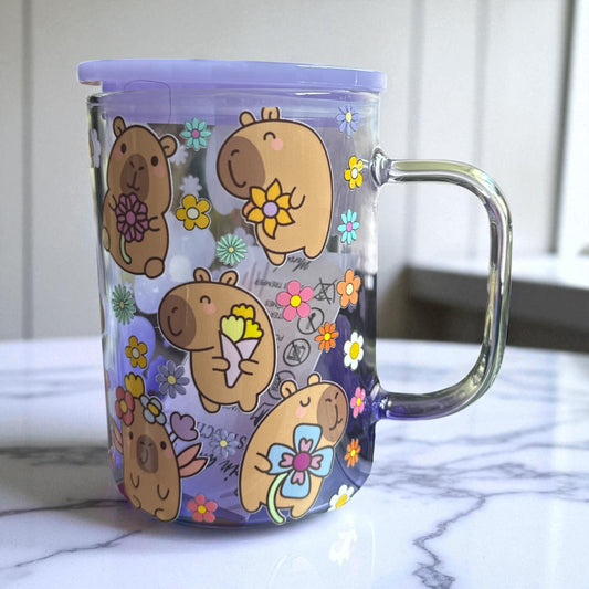 Capybara - 16 oz Glass Mug with Handle & Plastic Lid for Straw – Reusable Drinking Cup - UVDTF Stickers
