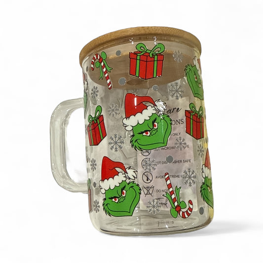 Grumpy Christmas Green- 16 oz Glass Mug with Handle & Plastic Lid for Straw – Reusable Drinking Cup - UVDTF Stickers