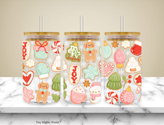 UV DTF Decal or Glass Cup – 16oz Cup or Transfer Sheet Option -  Christmas Gingerbread JOY Tree Snowman