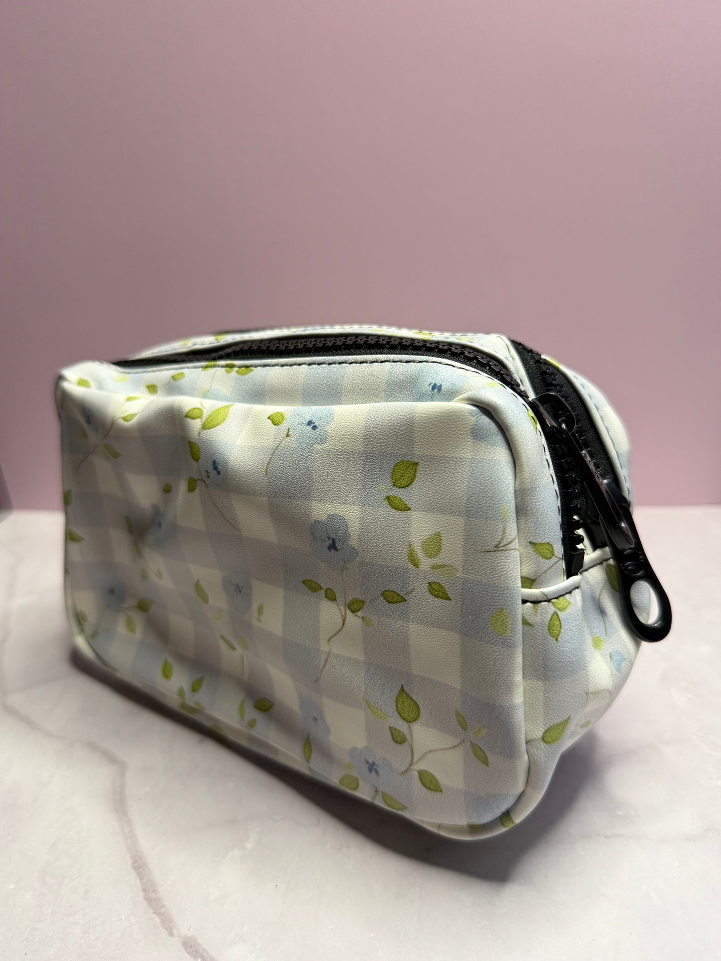 Blue Blossom Gingham Organizer Pouch | Multi-Purpose Zipper Case | Stationery Organizer