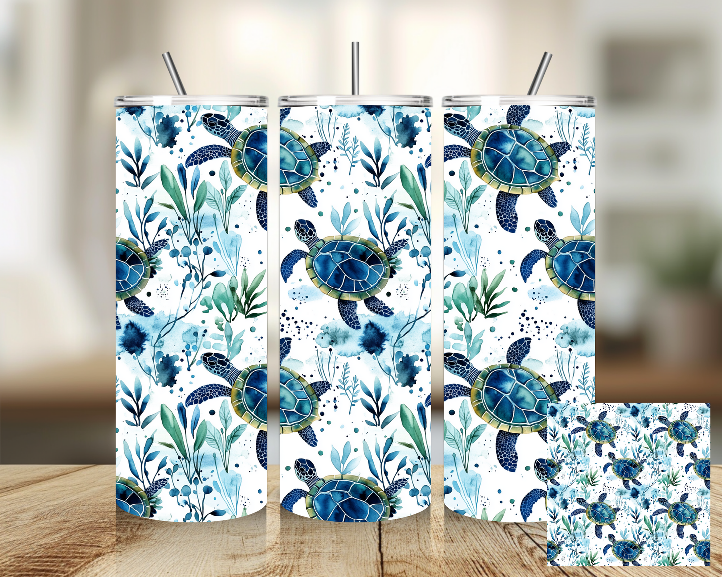 Tumbler 20 oz - Blue Turtle Flower Tumbler - Insulated Stainless Steel