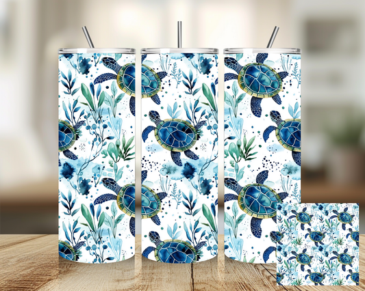 Tumbler 20 oz - Blue Turtle Flower Tumbler - Insulated Stainless Steel