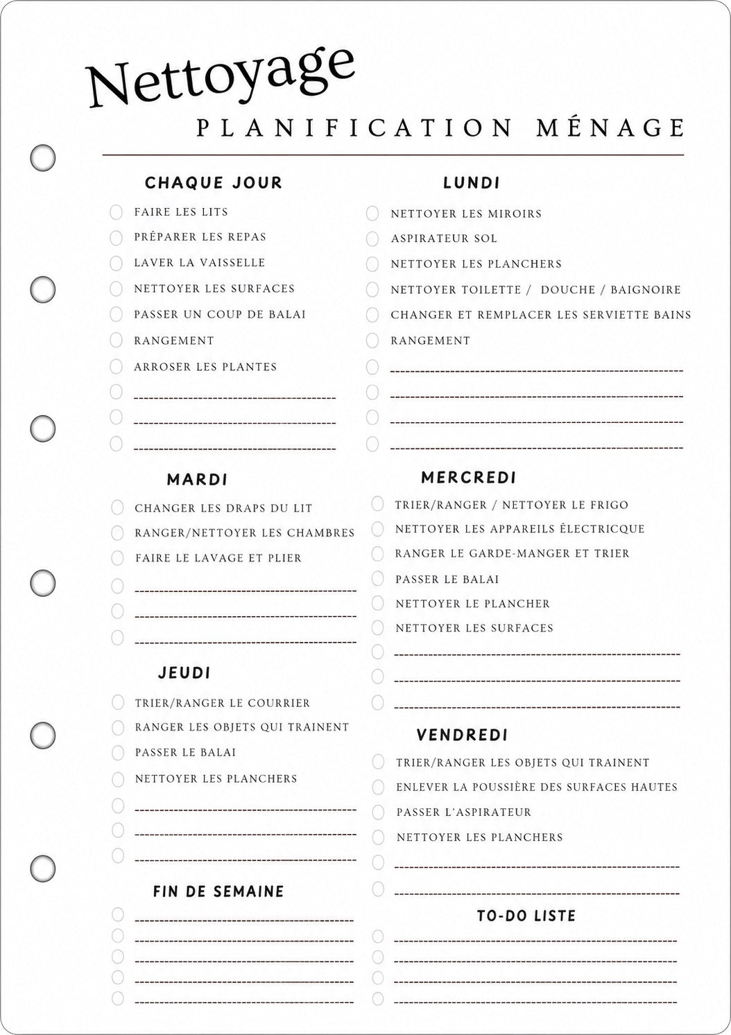Weekly Cleaning Inserts | A5 6-Ring Budget Planner Refill