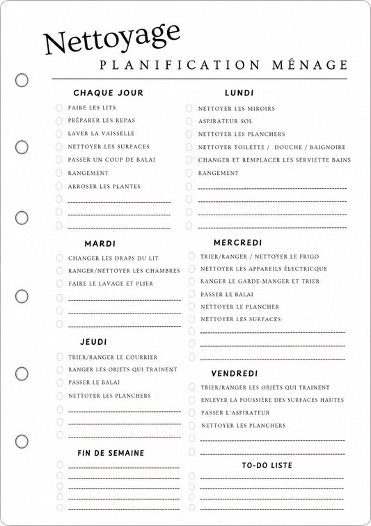 Weekly Cleaning Inserts | A5 6-Ring Budget Planner Refill - French Version