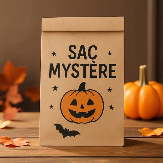 Sac mystère Halloween rempli de papeterie et de bonbons : cahier de notes, 2 crayons, Post-it, autocollants et poignée de bonbons, ambiance festive Halloween avec citrouilles et décorations.