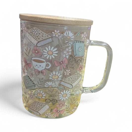 Tasse à café avec fleurs et bougies – Tasse en verre de 473 ml avec poignée et couvercle en plastique pour paille – Gobelet réutilisable – Autocollants UVDTF