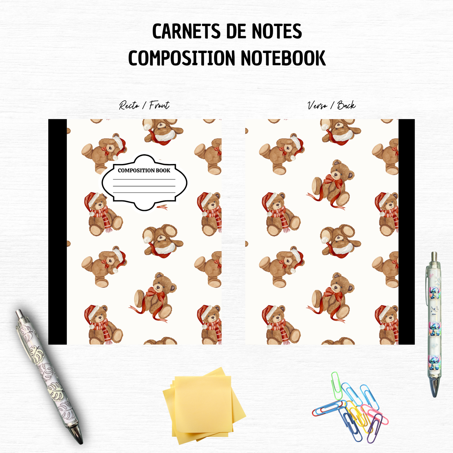 Ours de Noël Hiver - Cahier de Composition – 7x10 pouces, 100 Pages Lignées – Papeterie Tendance
