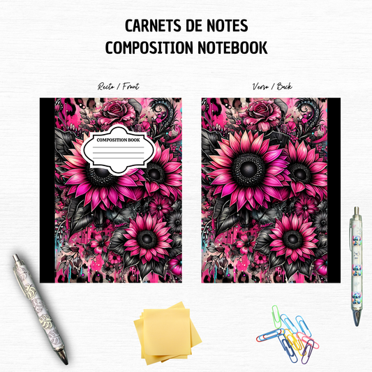 Dark Romantic Flower Pink Black - Composition Notebook – 7x10 inches, 100 Lined Pages – Trendy Stationery