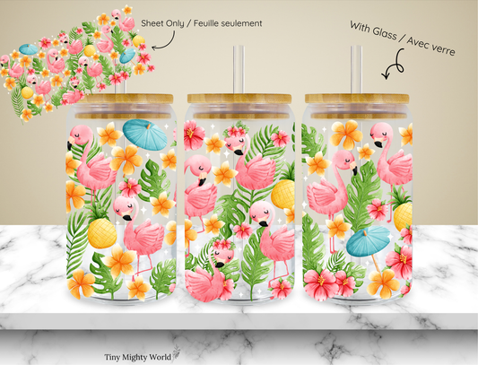 UV DTF Decal or Glass Cup – 16oz Cup or Transfer Sheet Option - Summer Bird Flamingo Pink Flower