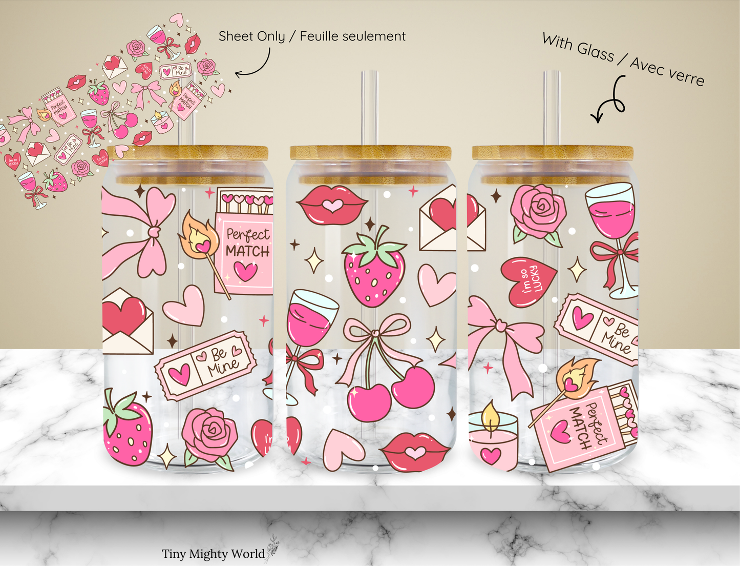 UV DTF Decal or Glass Cup – 16oz Cup or Transfer Sheet Option - Books and strawberry