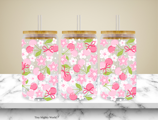 UV DTF Decal or Glass Cup – 16oz Cup or Transfer Sheet Option -  Cherry Flower Pink